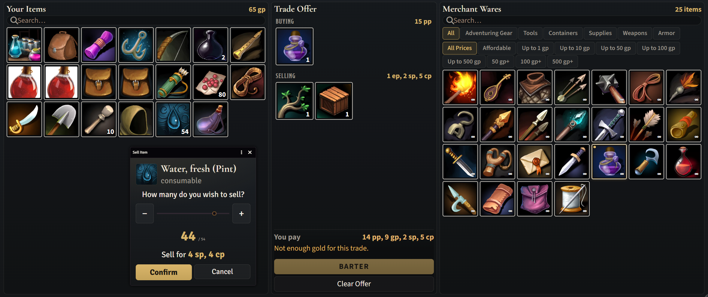 TownForge party bartering screen showing player items, a trade offer, merchant wares, and gold totals